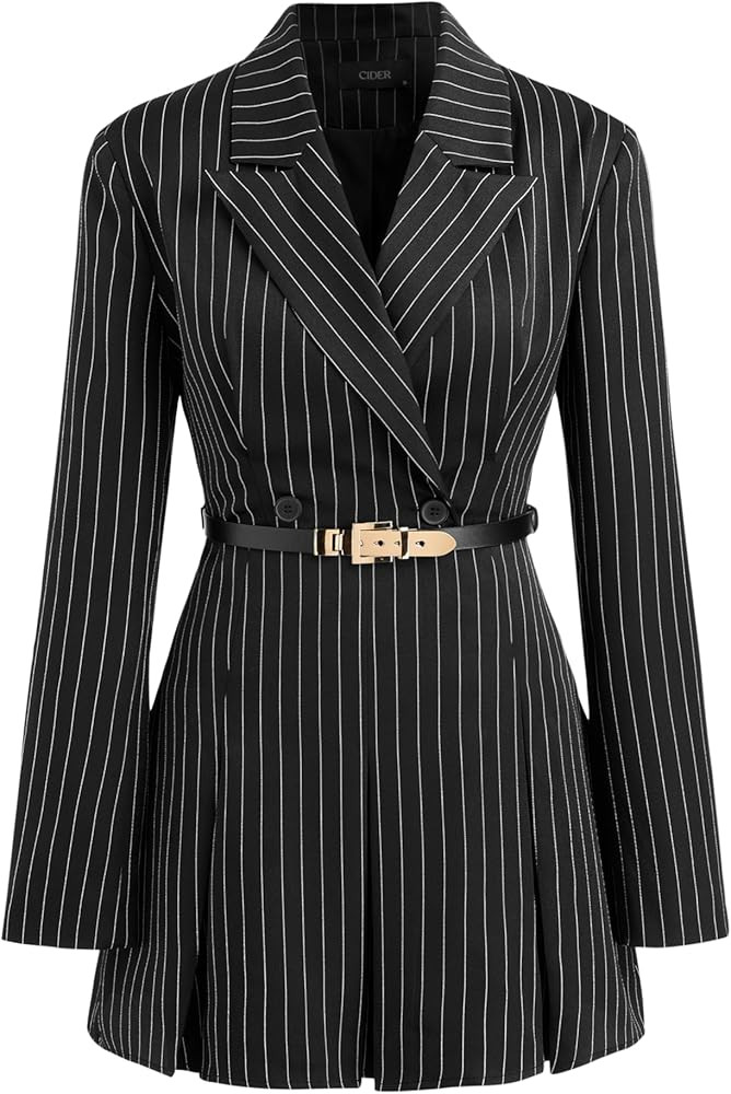 CIDER Blazer Dress Women Work Office Striped Split Button Collar Neck Mini Dress with Belt | Amazon (US)