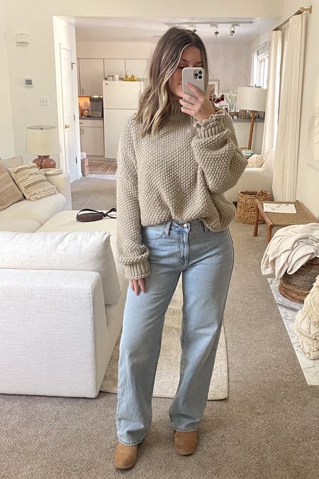 These jeans are so comfy!! I’m usually a size 6 but could even size down because of how oversized they are. This color seems to be out of stock but they have 3 other jeans color options available!

Sweater is a few years old but I linked some others!

#LTKfindsunder100 #LTKSeasonal #LTKstyletip