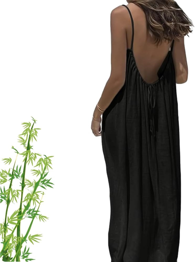 Women's Solid Color Backless Cami Dress, Cami Lounge Dress Backless, Long Sundress with Back Tie | Amazon (US)