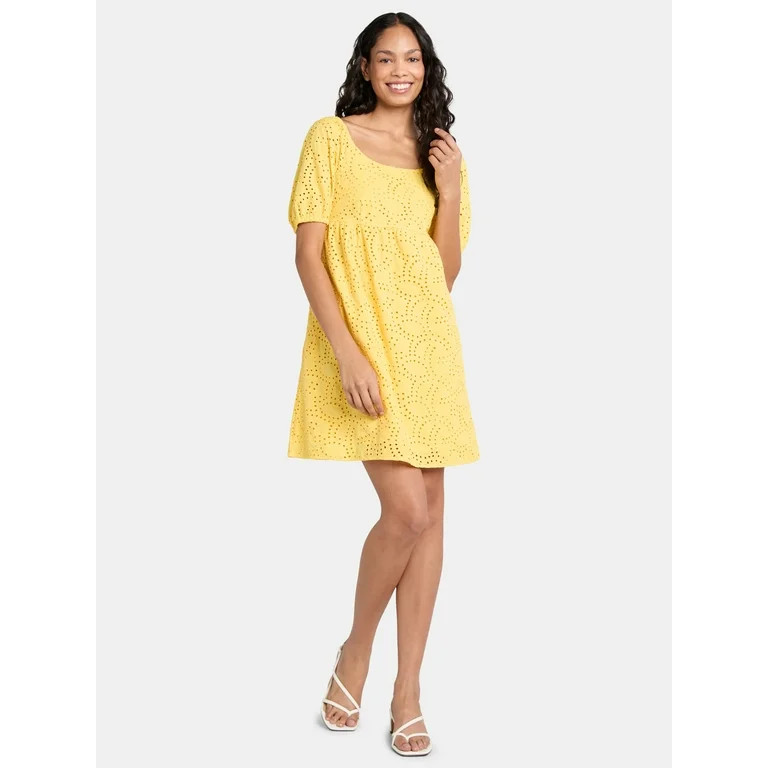 Time and Tru Women's and Women's Plus Eyelet Mini Dress with Puff Sleeves, Sizes XS-4X | Walmart (US)