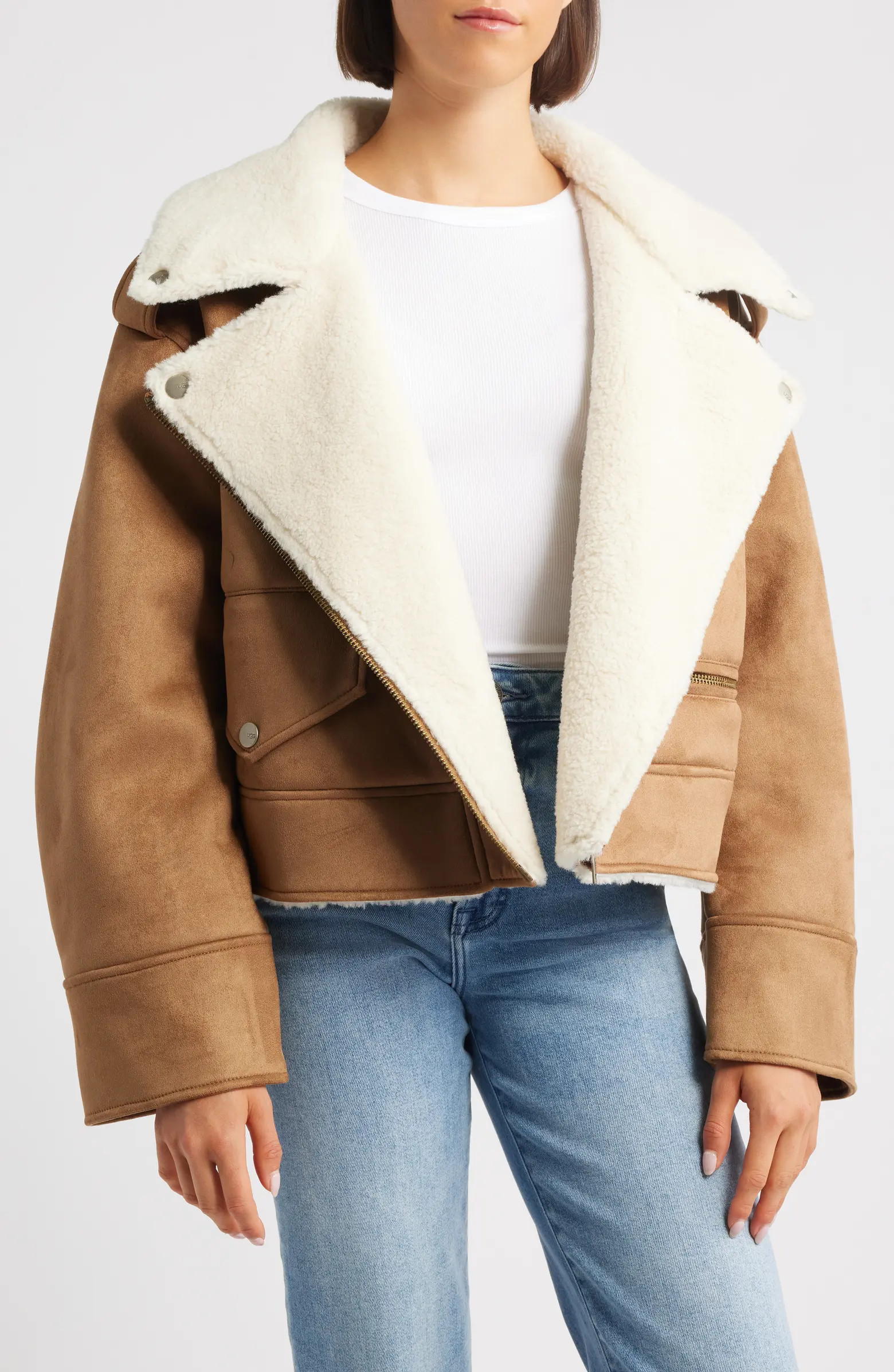 Finnian Oversize Faux Suede & LuxeFluff Moto Jacket | Nordstrom