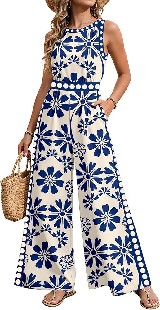 AGERWAY Women Jumpsuits Dressy Summer Round Neck Casual Sleeveless One Piece Outfit Floral Wide L... | Amazon (US)