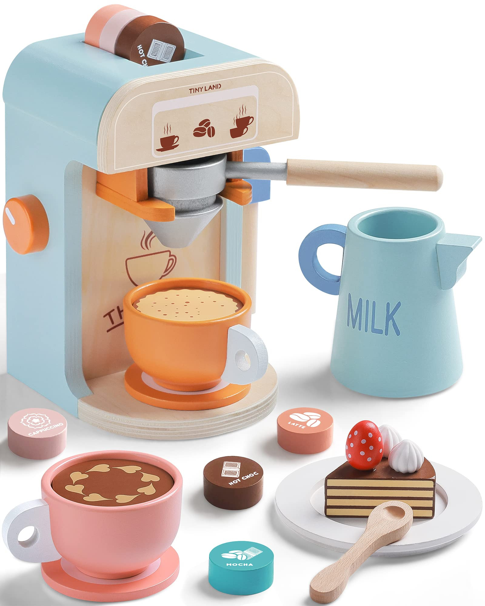 Tiny Land Kids Coffee Maker Wooden Kitchen Toys - 17Pcs Toy Coffee Maker Playset - Wooden Play To... | Amazon (US)