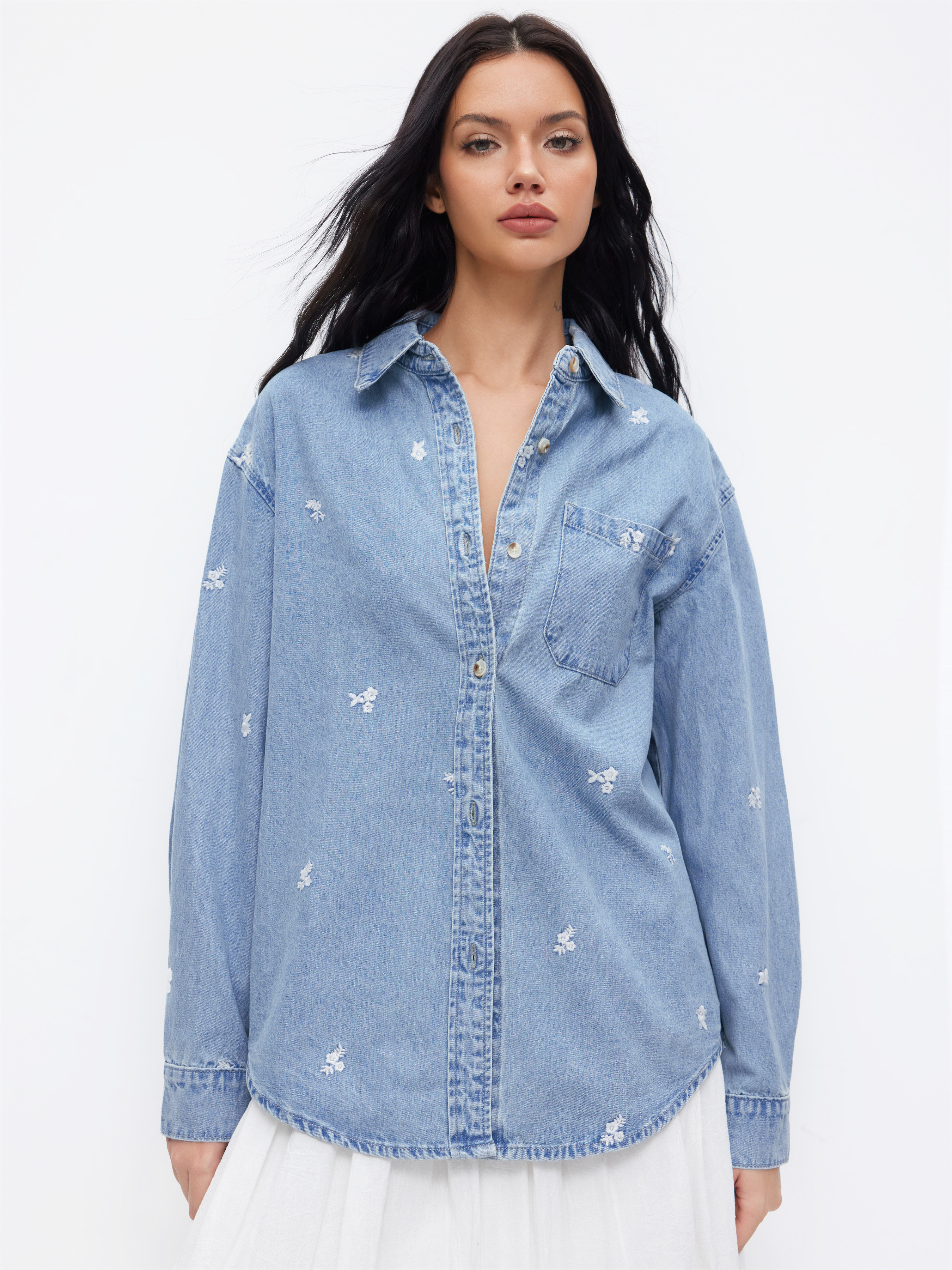 Denim Denim Floral Embroidery Collar Long Sleeve Button Oversized Shirt For Daily Casual | Cider