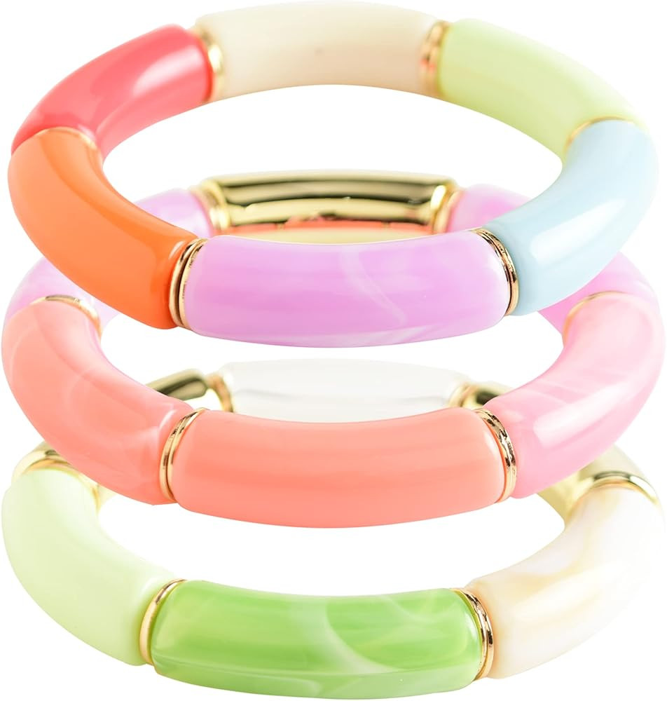 Bamboo Tube Bangles Bracelet Chunky Curved Stacking Clear Acrylic Colorful Beads Stretchable Frie... | Amazon (US)