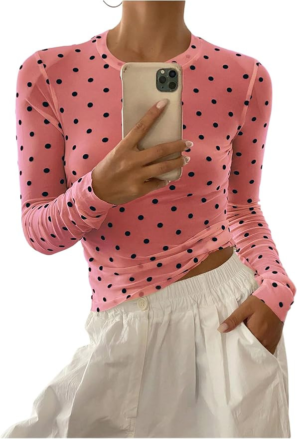 SHENHE Women's Polka Dots Sheer Mesh T Shirt Long Sleeve Round Neck Slim Fitted Streetwear Top | Amazon (US)