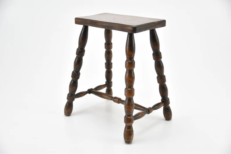 Vintage 16" French Wooden Rectangular Turned Legs Stool Sturdy Piece Farmhouse Cottage Wooden Sea... | Etsy (US)