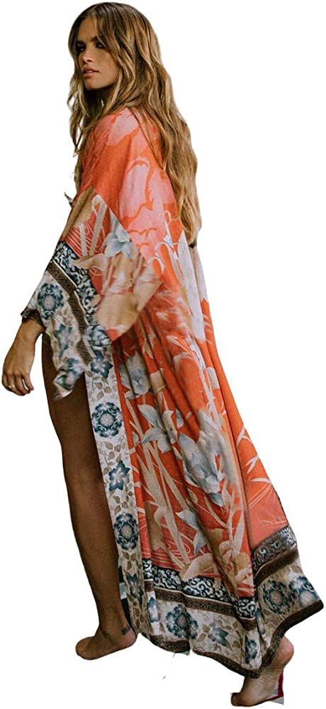 Swimsuit Coverup Kimonos for Women Bird Geometry Print 3/4 Sleeve Kimono Robe Loose Open Front Ki... | Amazon (US)