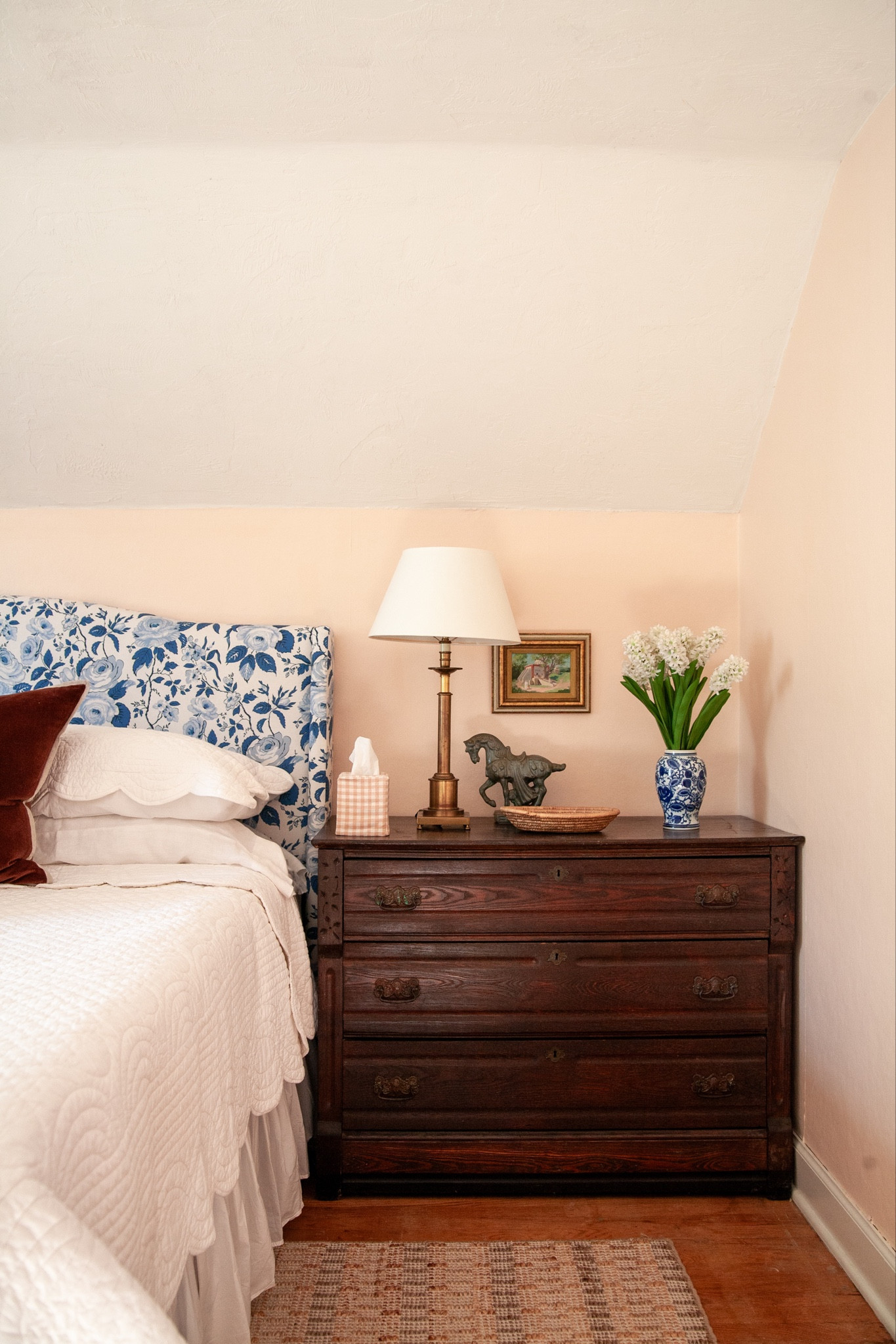 1, 2, or 3? I loved the big dresser, but it didn’t reeeally fit and I was afraid it was denting the wall. The little antique dresser is more of a standard nightstand size, but now it feels so small! Do you think next to the bed or centered on the wall looks better? 
Either way note that king size beds need more than a standard little nightstand!

#LTKhome