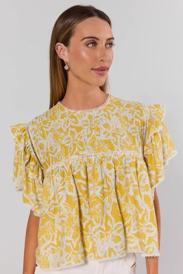 Yellow Printed Flutter Sleeve Top | Avara