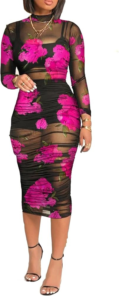 Women Sexy See Through Mesh Long Sleeve Ruched Midi Dresses Crop Top Bodycon Skirt 3 Piece Outfit... | Amazon (US)