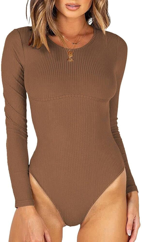 MISSJOY Women Long Sleeve Short Sleeve bodysuits Crew Neck Ribbed Knit Leotards Underbust Detailing Tops | Amazon (US)