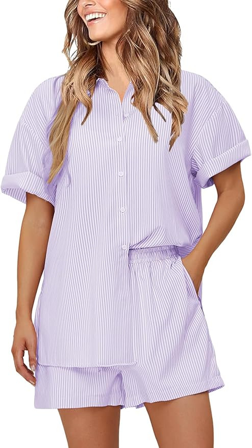EXLURA Womens Summer 2 Piece Outfits Oversized Short Sleeve Button Down Shirts and Shorts Lounge ... | Amazon (US)
