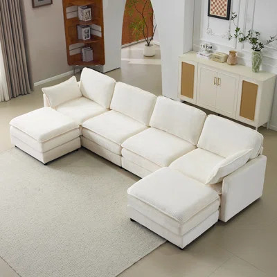 136" Plush Cloud 3-Seater Sofa: Modular 4-Seater Sofa + 2 Footstools With 22" Beige Chenille Cushions + 2 Throw Pillows - Compact Size | Wayfair North America