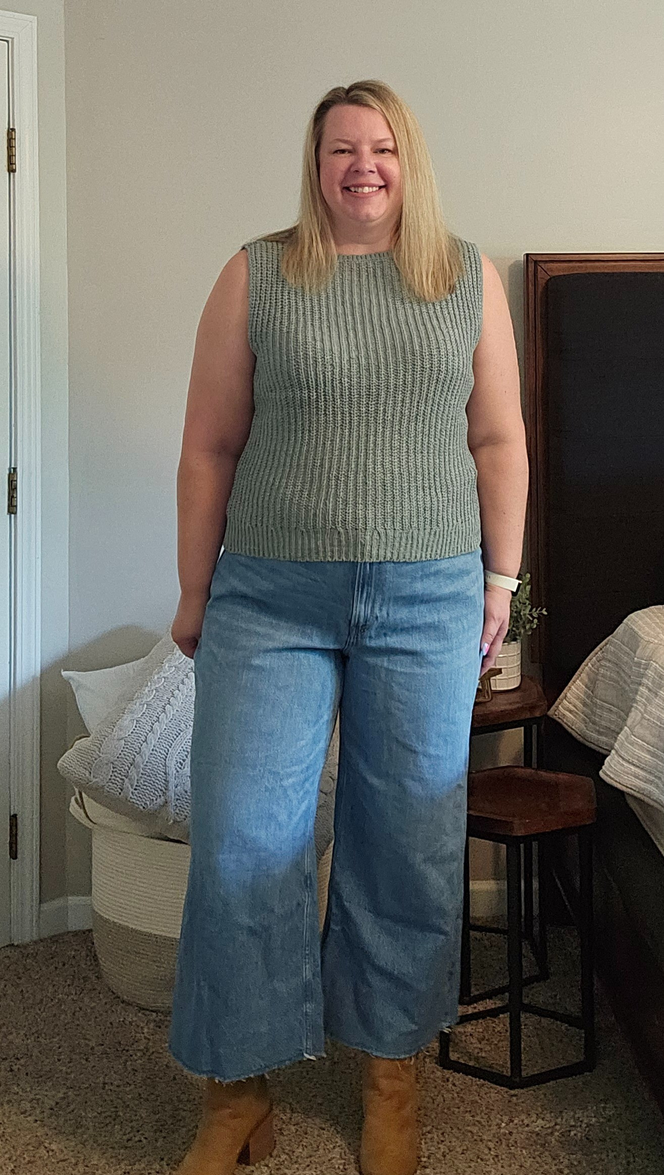 These are the wide leg cropped denim. Wearing a size 34.  Sweater Tank is an XL. 

#LTKxAF #LTKMidsize #LTKSaleAlert