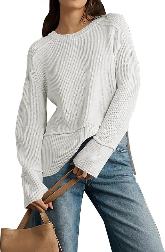 Cakulo Womens Fall 2024 Knit Crew Neck Pullover Sweaters Oversized Long Sleeve Split Casual Winte... | Amazon (US)