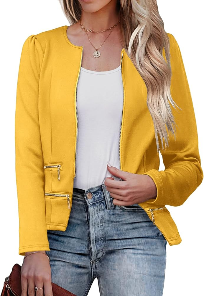 Zeagoo Womens Blazer Cropped Open Front Zipper Dress Jacket O Neck Casual Office Suit Jacket | Amazon (US)