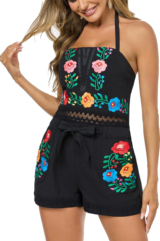 Rompers for Women Summer Boho Embroidered Floral Sleeveless Halter Flowy Casual Tank Top Short Ju... | Amazon (US)