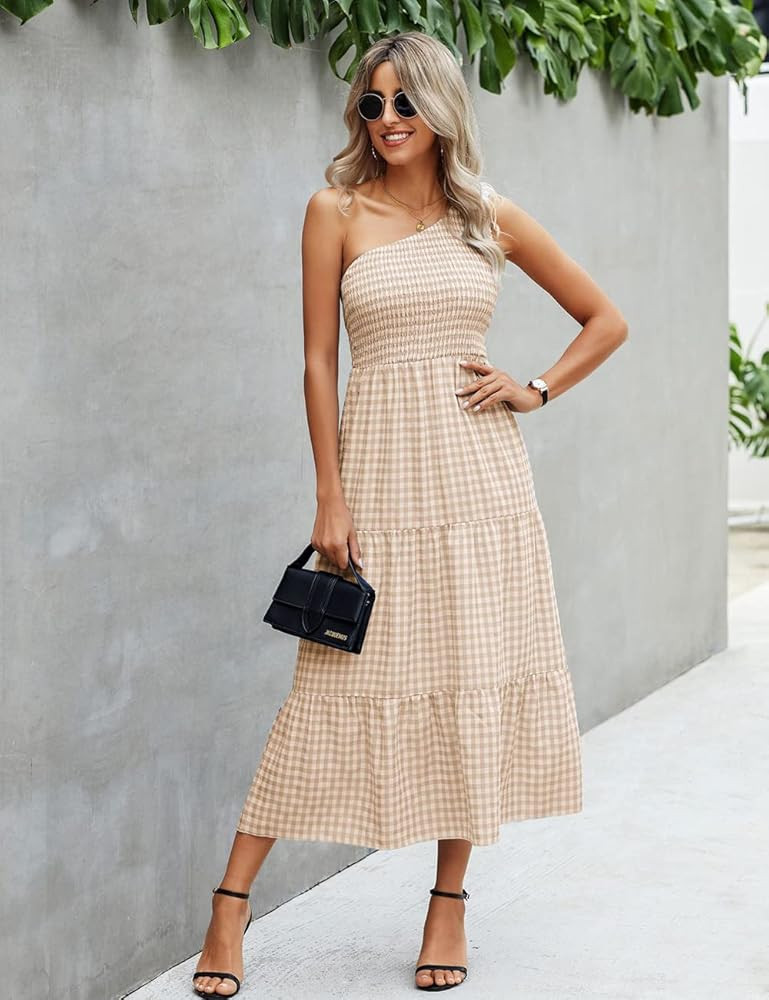 Aisbei Women's Casual Summer One Shoulder Dress Sleeveless Empire Waist Plaid Midi Dress | Amazon (US)