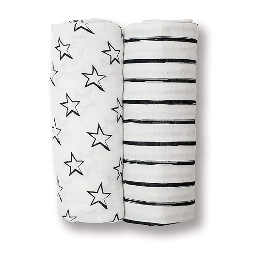 Lulujo Baby Set of 2 Cotton Muslin Swaddle Blankets, Black/White Stars & Stripes, 40 x 40-Inch | Amazon (US)