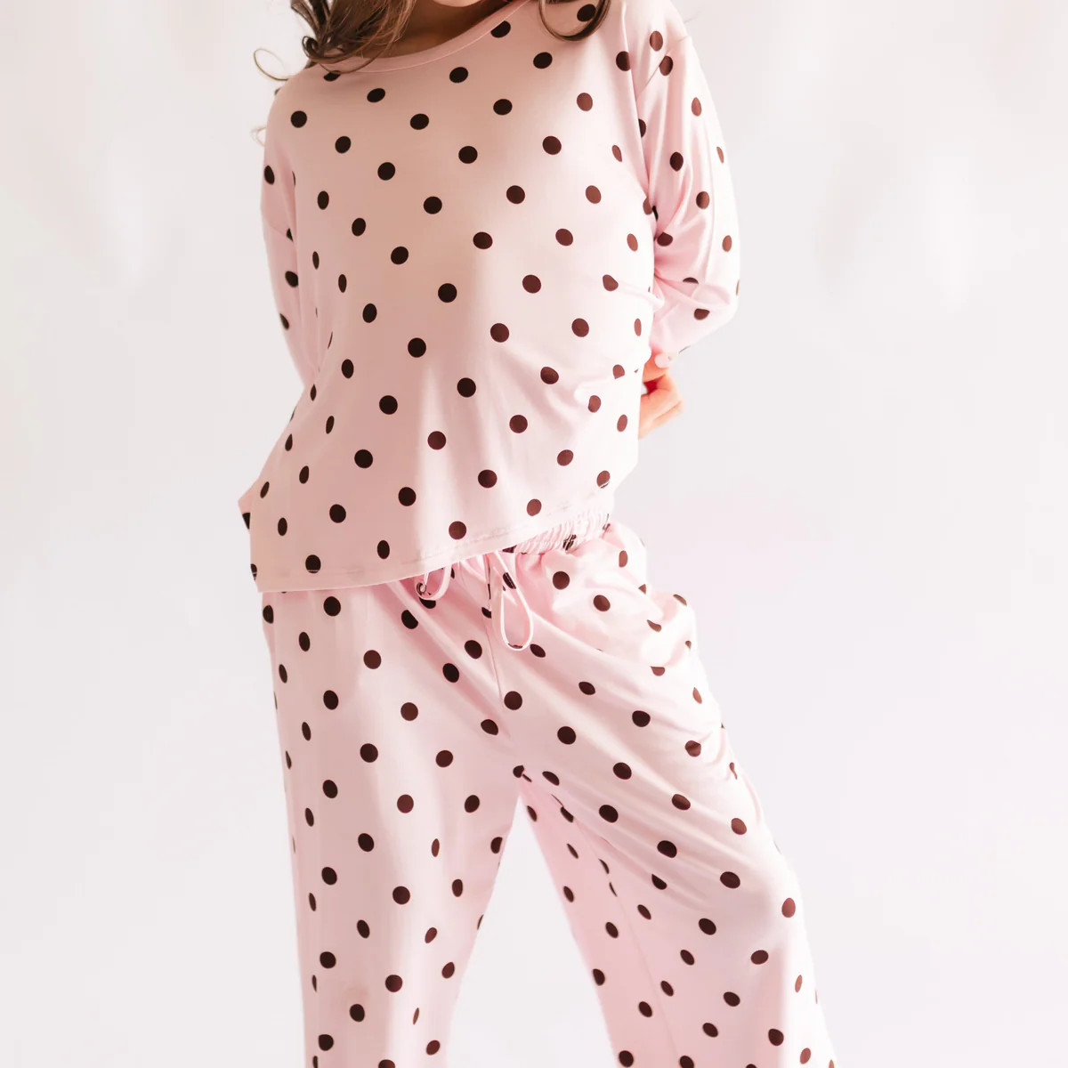 Girl's Long Sleeve and Pants Set in Pink & Brown Polka Dot | Silks Design