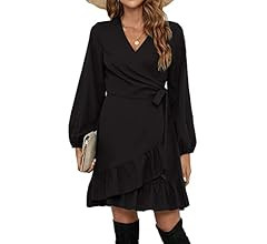 Naggoo Womens Long Sleeve Dresses Wrap V Neck Ruffle Mini Short Dress with Belt | Amazon (US)