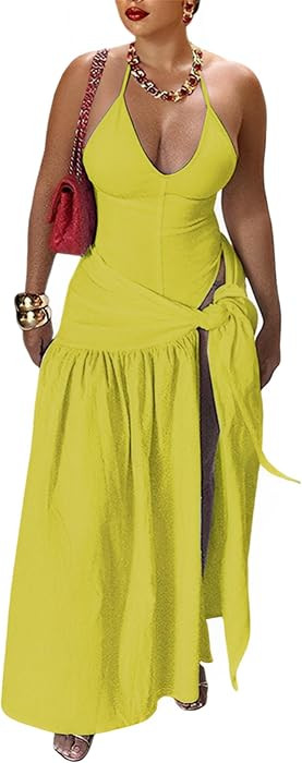 Women\u2019s 2 Piece Maxi Skirt Set Halter Bodysuit Summer Beach Vacation Outfit | Amazon (US)