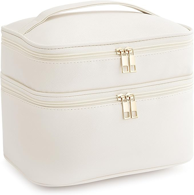 HBlife Double Layer Travel Makeup Bag Portable Cute Leather Cosmetic Bag Large Make Up Bag Makeup... | Amazon (US)