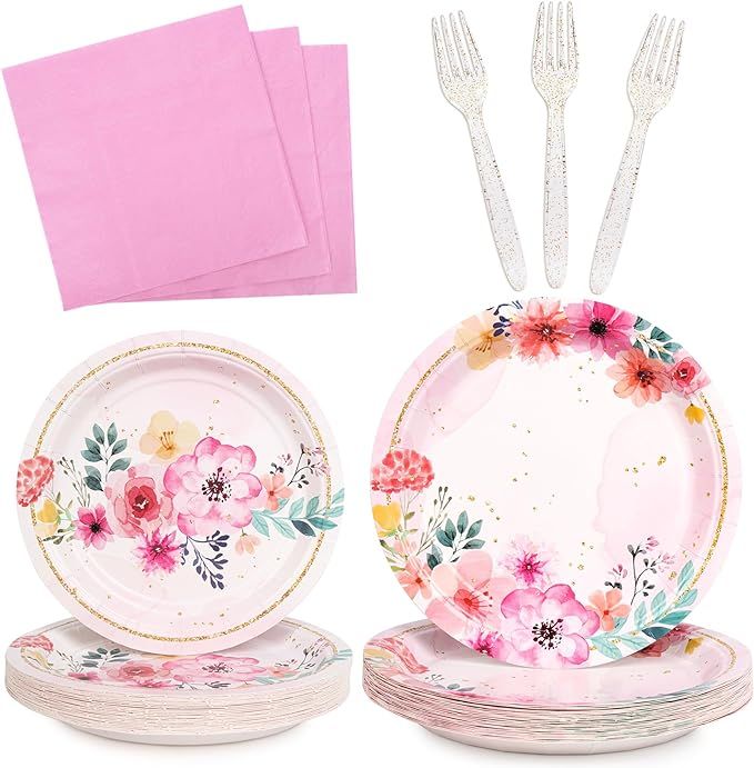 DECORLIFE Floral Plates and Napkins Serves 24, Pink Floral Party Supplies, Forks Included, for Gi... | Amazon (US)