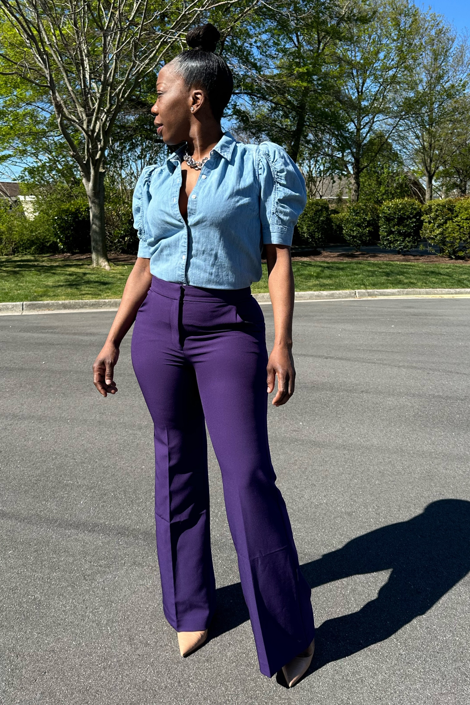 Got Style?
Completed look from @express 
High waist pants size 6 jean top Small sling backk pumps size 9 and silver chain Necklace. 

#LTKworkwear #LTKSeasonal #LTKstyletip