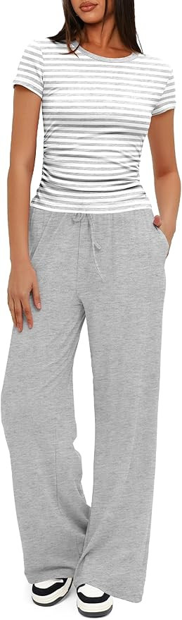 Darong Women's 2 Piece Summer Outfits Lounge Sets Side Ruched Short Sleeve Crop Top & Wide Leg Pa... | Amazon (US)