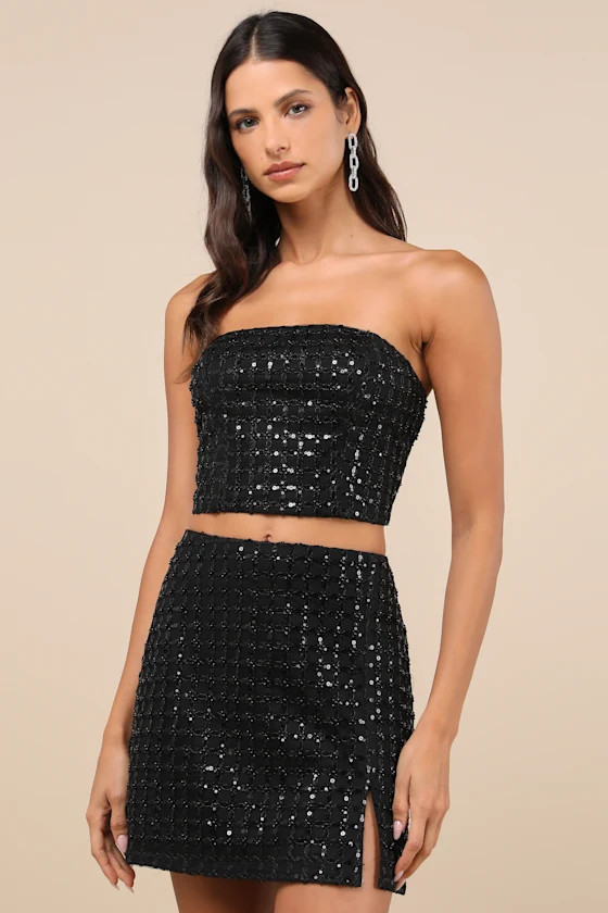 Lovely Decadence Black Sequin Beaded High Rise Mini Skirt | Lulus