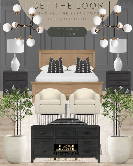 Black modern farmhouse bedroom idea. Recreate the look with these furniture and decor finds! Black dresser, black night stand, bedroom stripped rug, swivel accent chairs, ceramic tree planter, realistic fake tree, white table lamp, black throw pillow, modern bedroom chandelier.

#LTKFind #LTKstyletip #LTKhome