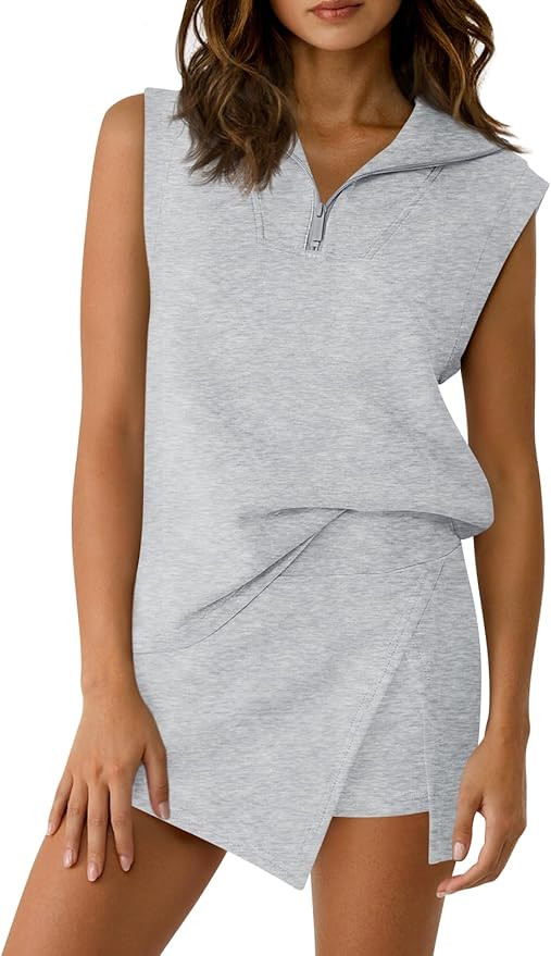 Fisoew Womens 2 Piece Skirt Sets Summer Sleeveless Half Zip Sweatshirt Athletic Skorts Tennis Out... | Amazon (US)