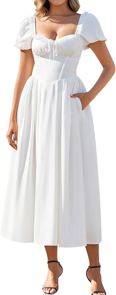 EYNMIN Floral Corset Midi Summer Wedding Guest Dresses for Women Lace Up Puff Sleeve Flowy A Line... | Amazon (US)