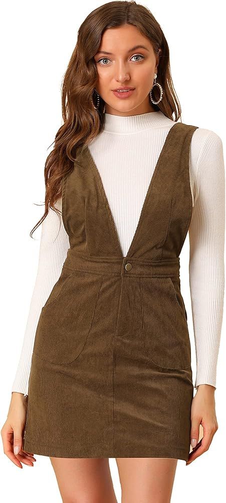 Allegra K Women's Corduroy Overall V Neck Strap Mini Pinafore Dress | Amazon (US)