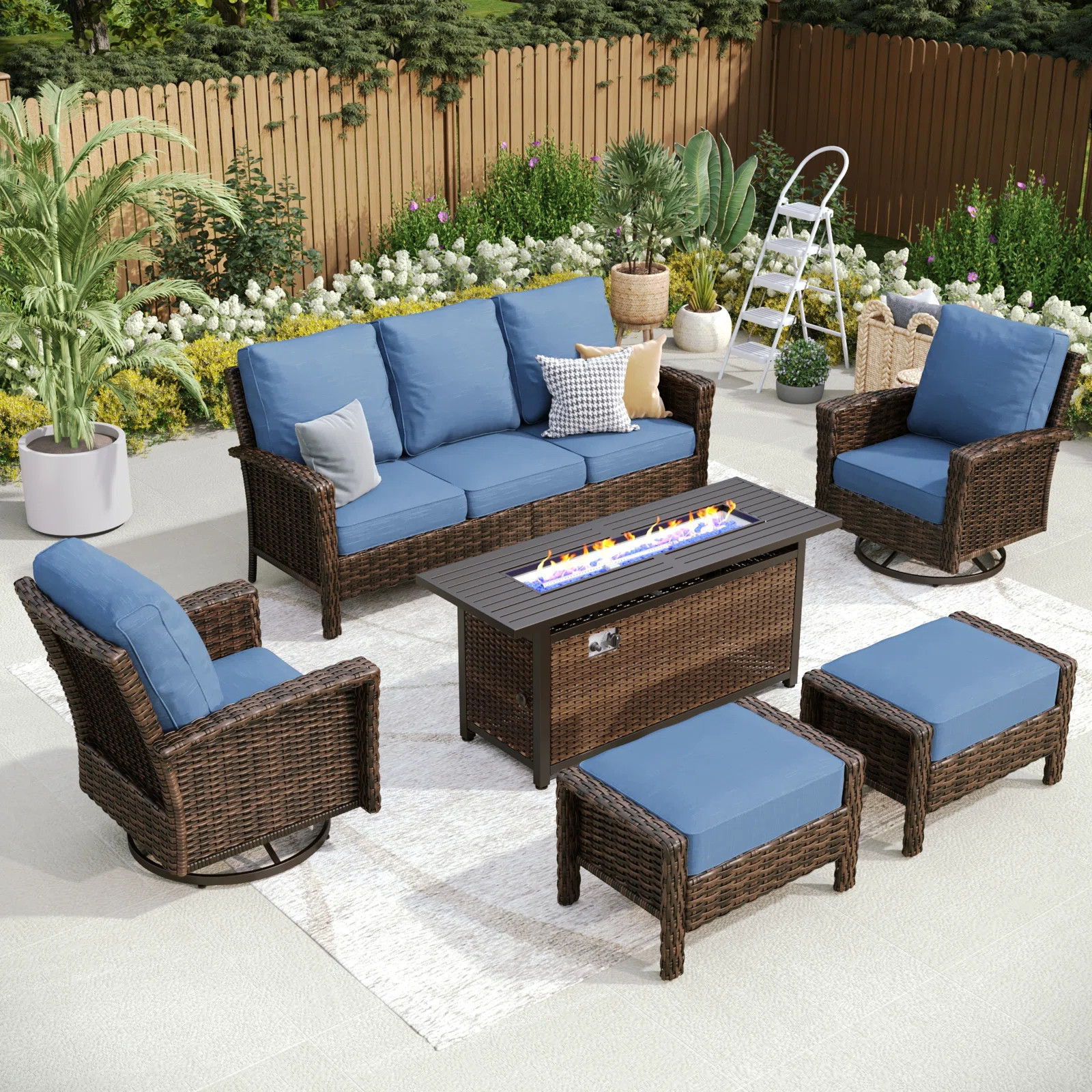 Premium All-weather Wicker 7 - Person Patio Conversation Sets With Fire Pit TableByLark Manor™4... | Wayfair North America