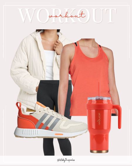 Workout outfit, gym outfit, red, adidas, Stanley cup dupe, puffer coat, orange workout tank top, athletic outfit #ltkshoecrush 

#LTKunder50 #LTKstyletip #LTKfit