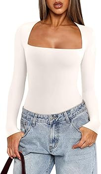 REORIA Women's Basic Lightweight Layering Sexy Slim Square Neck Long Sleeve Bodysuit Tops | Amazon (US)