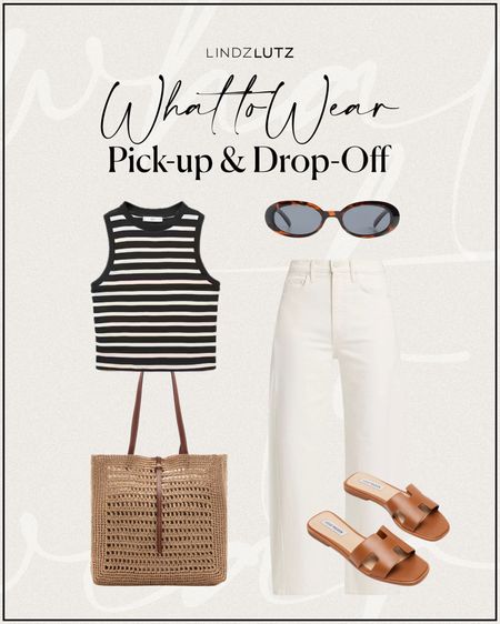 What To Wear: Picking Up & Dropping Off the Kids | barrel leg cream jeans, black & white striped shirt, tortoise sunglasses, straw tote bag, brown slides 

#LTKStyleTip