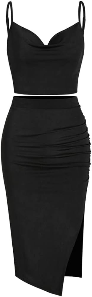 ZAFUL Women's Casual Sleeveless Summer Two Piece Outfits Crop Top and Side Split Draped Ruched Ma... | Amazon (US)