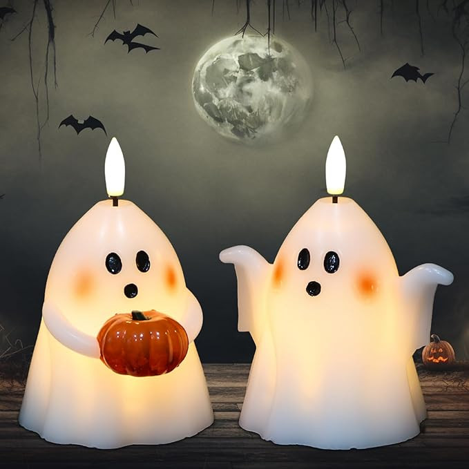 Halloween Ghost Flameless Candles with Timer Real Wax Battery Operated White LED Flickering Pilla... | Amazon (US)