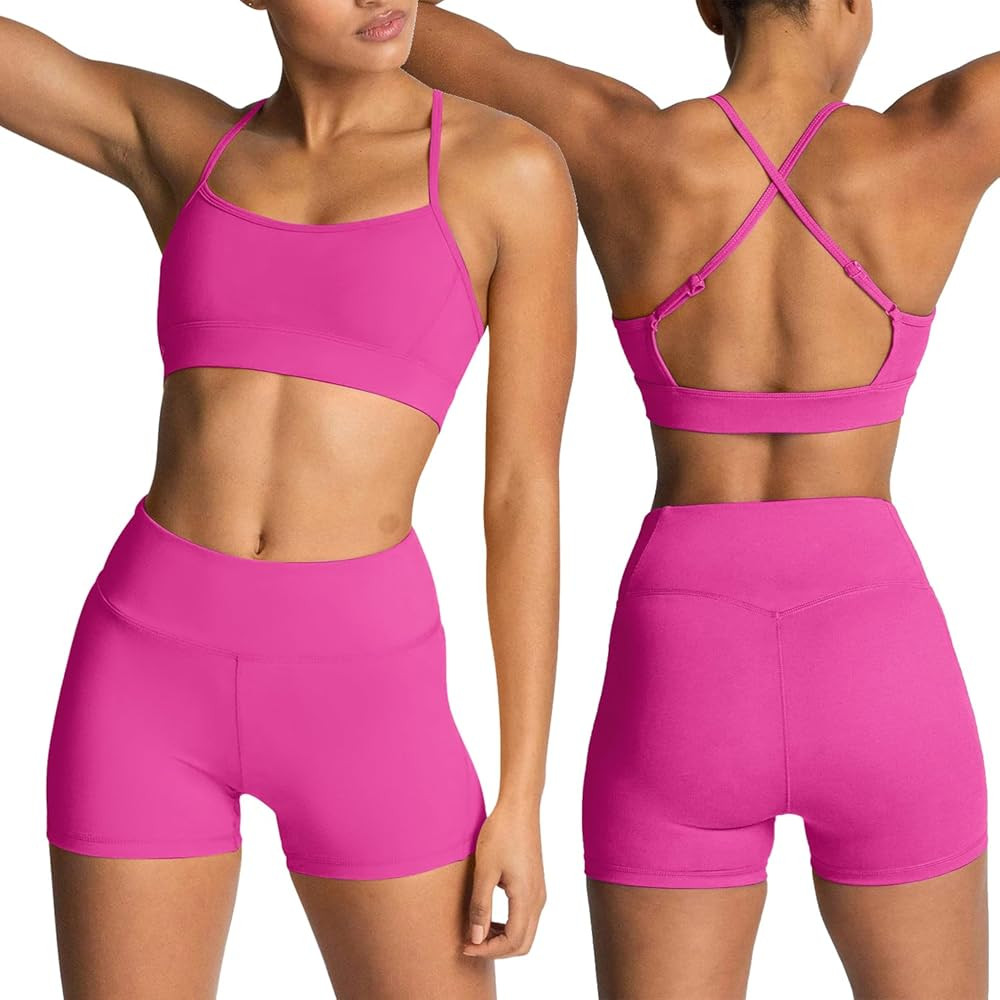Workout Sets for Women 2 Piece Yoga Outfit Gym Sets Strappy Sports Bras High Waist Biker Shorts A... | Amazon (US)