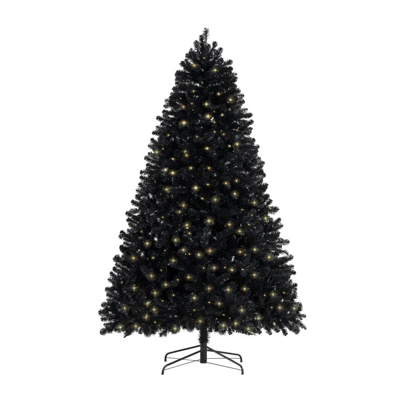 The Holiday Aisle® Black Traditional Christmas Tree with Lights, Pre-lit with Metal Stand & Revi... | Wayfair North America