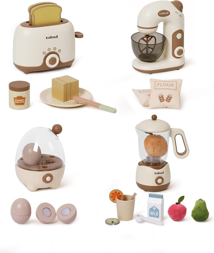 ROBUD Pretend Play Kitchen Appliances, Kids Play Kitchen Toy Food Set with Egg Steamer, Mixer, To... | Amazon (US)