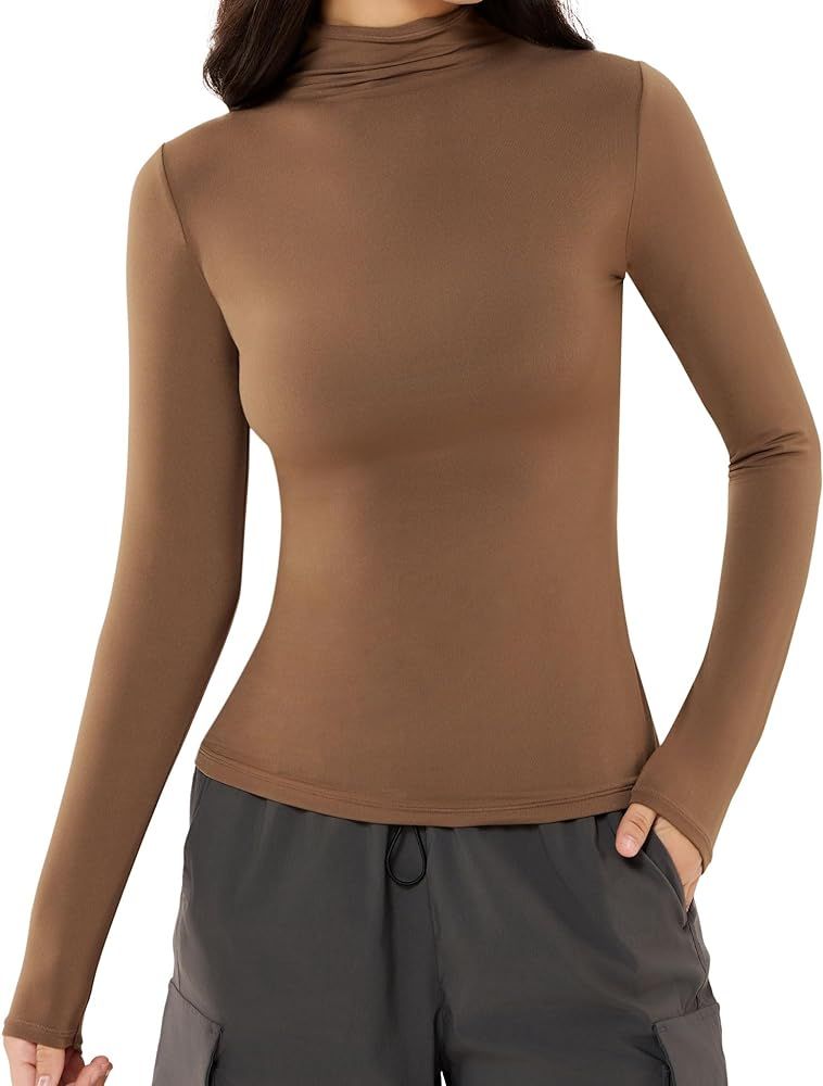PATTERN HOUR Women's Long Sleeve T-Shirt Slim Fit Loose Mock Turtleneck Basic Sexy Tee Double Lin... | Amazon (US)