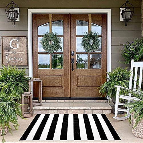 KaHouen Black and White Striped Rug 35.4 x 59 Inches, Indoor Front Porch Stripe Rug, Woven Washable Hand-Woven Stripe Outdoor Rugs for Layered Door Mats, Front Porch,Farmhouse,Kitchen... | Amazon (US)