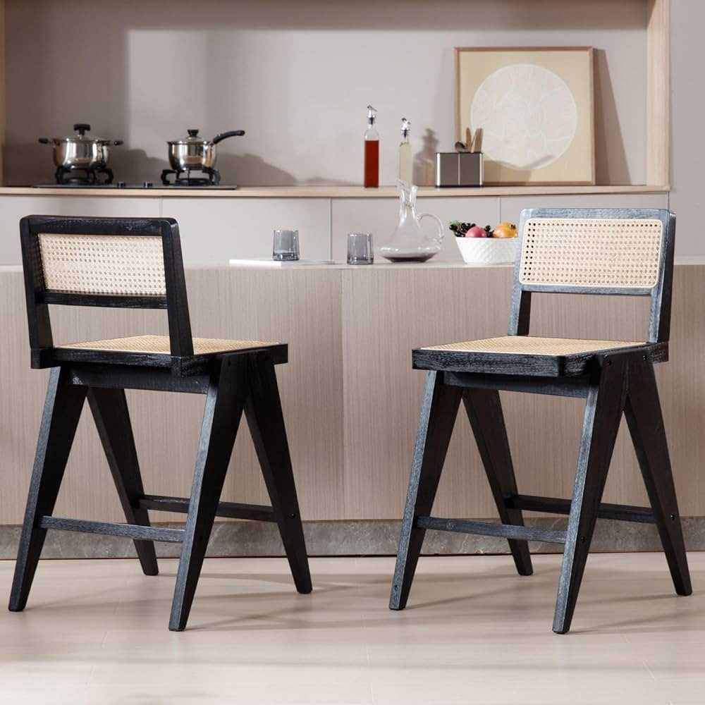 ZSARTS 25" Rattan Counter Height Bar Stools Set of 2, Black Wood Farmhouse Barstools with Back Mo... | Amazon (US)