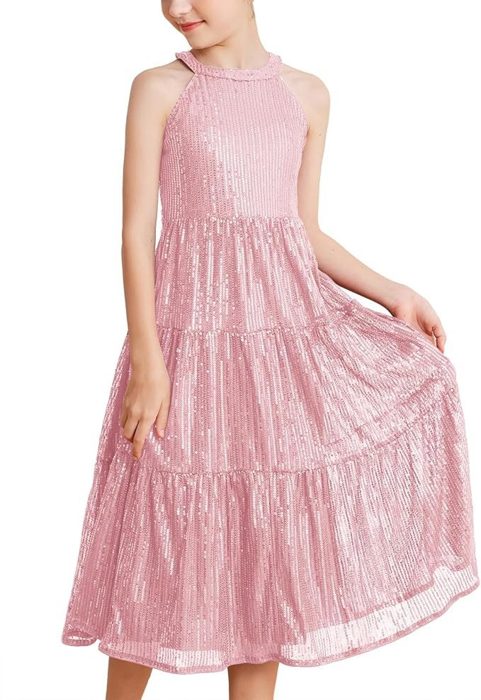 GRACE KARIN Girls Halter Neck Sequin Dress Elegant Cute Girls Party Maxi Dress for 5-14Y | Amazon (US)