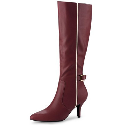 Allegra K Women's Pointy Toe Buckle Decor Side Zip Stiletto Heel Knee High Boots Burgundy 10 | Target